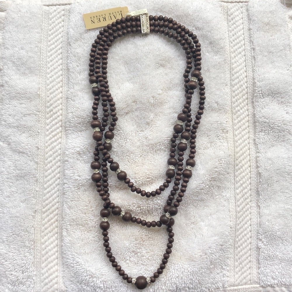 NWT Ralph Lauren 3-strand necklace wood/crystal - Picture 1 of 4